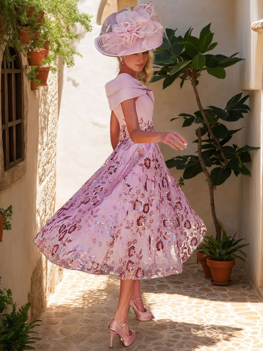 Luxurious V-Neck A-Line Princess Tea-Length Mother of the Bride Dresses with Bow & Embroidery
