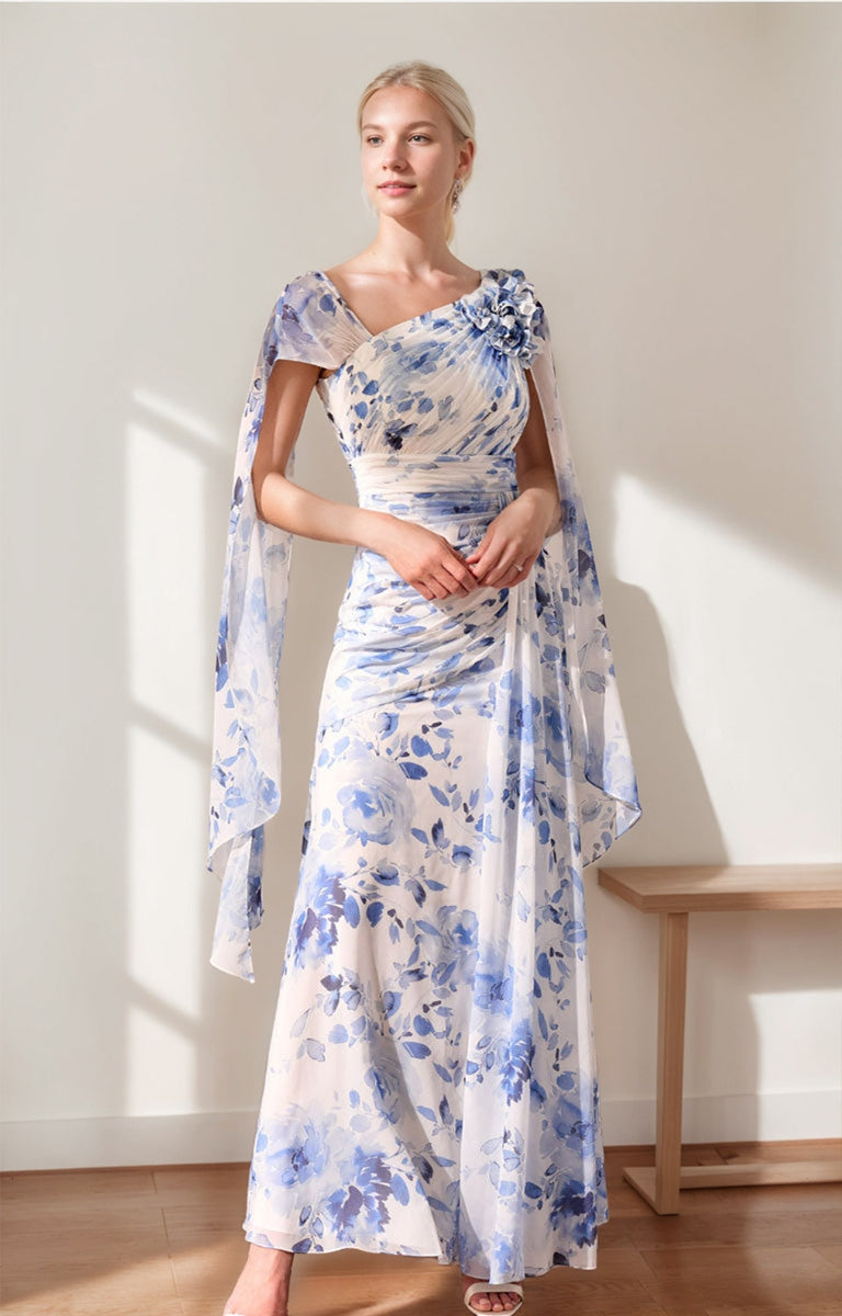 Pleated Floral Printed V-Neck A-Line/Princess Mother of the Bride Dress with Ruffles & 3D Flowers