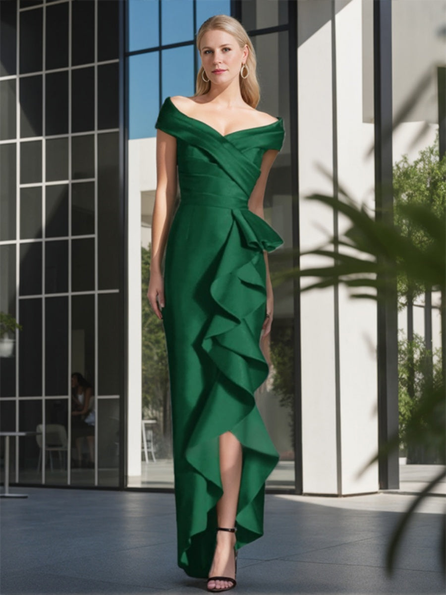 Off-The-Shoulder Sleeveless Pleated Asymmetrical Ruffled Dress for the Mother of the Bride
