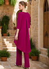 2-Piece V-Neck 3/4 Sleeve Floor-Length Ruffled Pantsuit with Jewel Embellishments for the Mother of the Bride