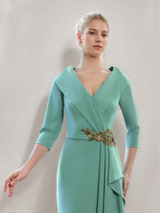 V-Neck 3/4 Sleeve Floor-Length Sheath/Column Mother of the Bride Dress with Ruffles & Jewel Appliques
