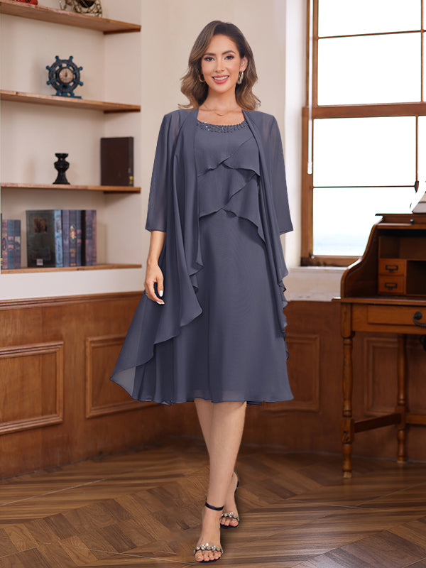 Knee-Length A-Line Princess Scoop Mother of the Bride & Groom Dresses with Beaded Jacket and Ruffles