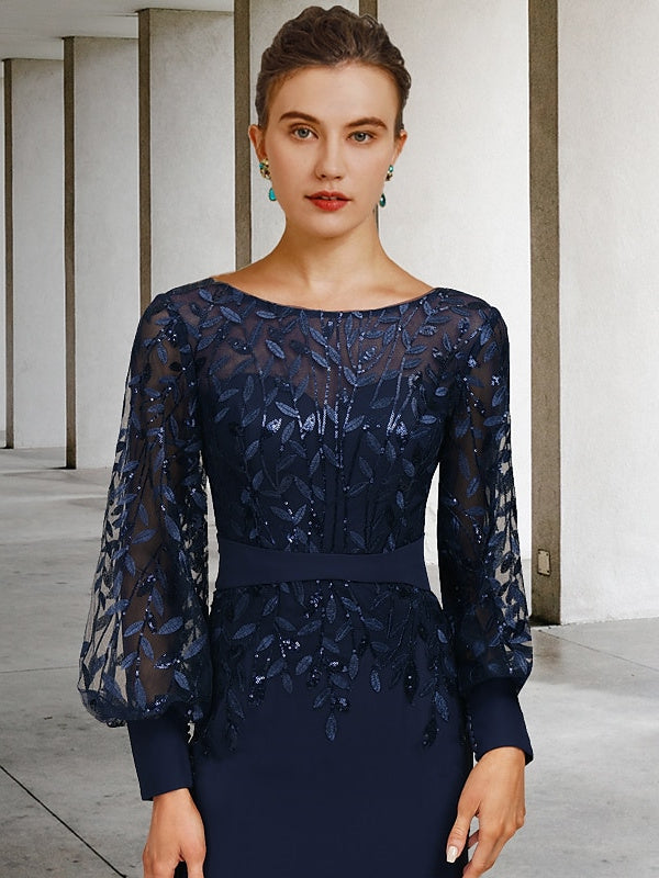 Sequined Floor-Length Mother of the Bride Dress with Scoop Neck and Long Sleeves