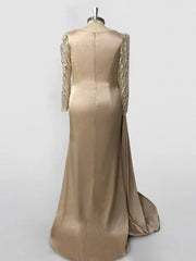 Long Sleeve Satin Prom Dress with Mermaid Train Jewel Neck and Ruched Slit
