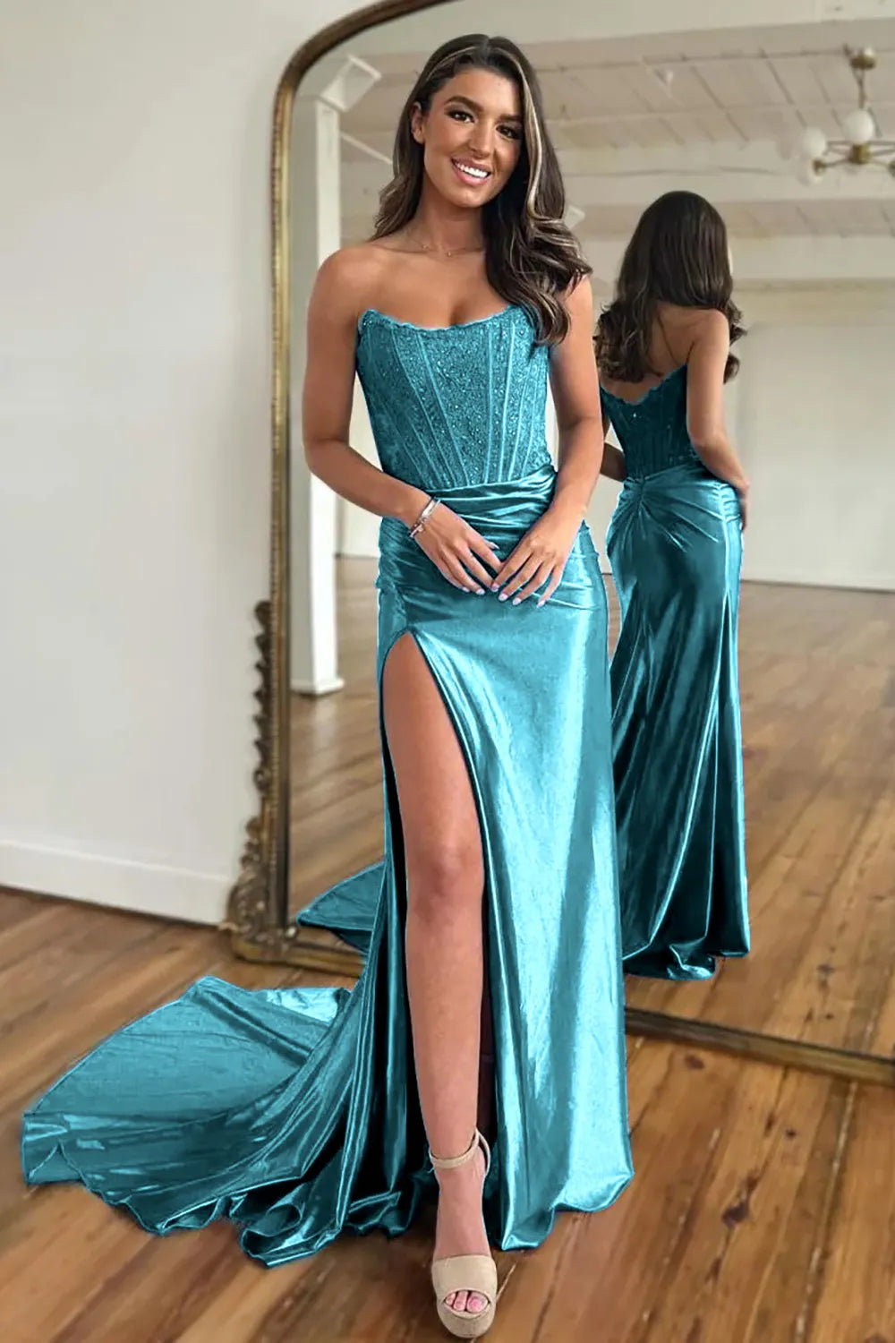 Long Satin Mermaid Prom Dress in Fuchsia with Strapless Corset and Slit
