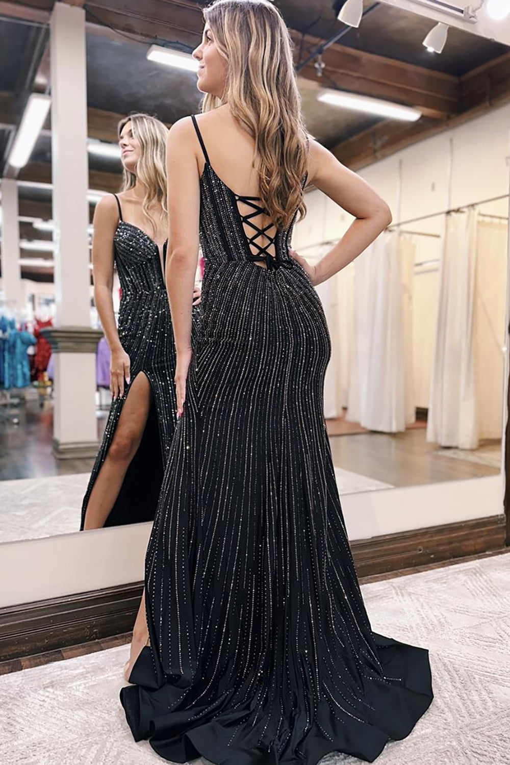 Long Navy Corset Prom Dress with Sparkly Beaded Spaghetti Straps and Mermaid Slit