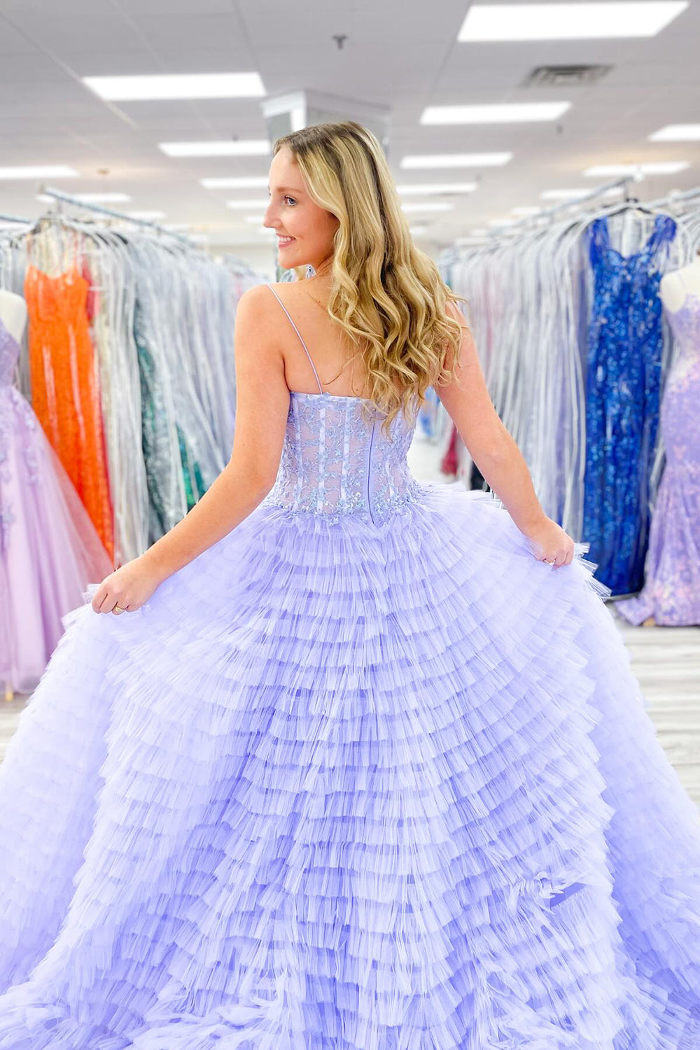 Long Corset Prom Dress in Lilac with A-Line Silhouette and Tiered Tulle Featuring Spaghetti Straps