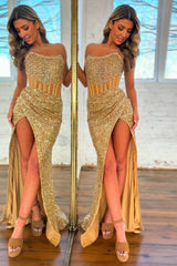Long Strapless Gold Corset Prom Dress with Sparkly Sequins and Beading