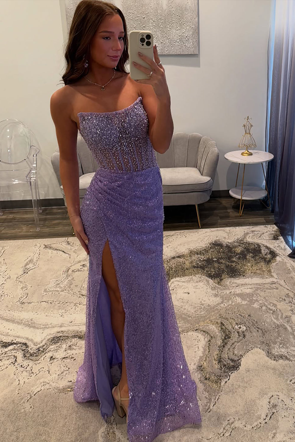 Long Strapless Lavender Corset Dress with Sparkly Sequins and Beading for Prom