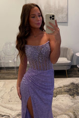 Sparkly Lavender Strapless Long Corset Prom Dress with Sequins and Beading