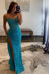 Long Corset Prom Dress with Sparkly Blue Sweetheart Sequins and Beading