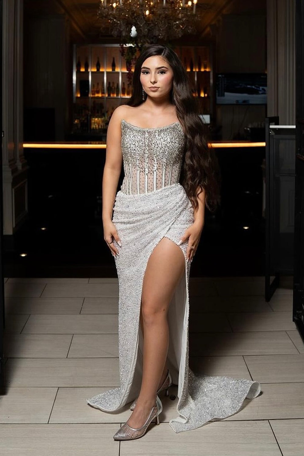 Sparkly Lavender Strapless Long Corset Prom Dress with Sequins and Beading