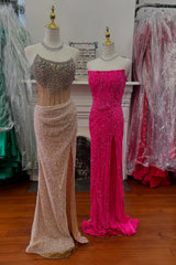 Champagne Sparkle Strapless Long Corset Dress with Sequins and Beading