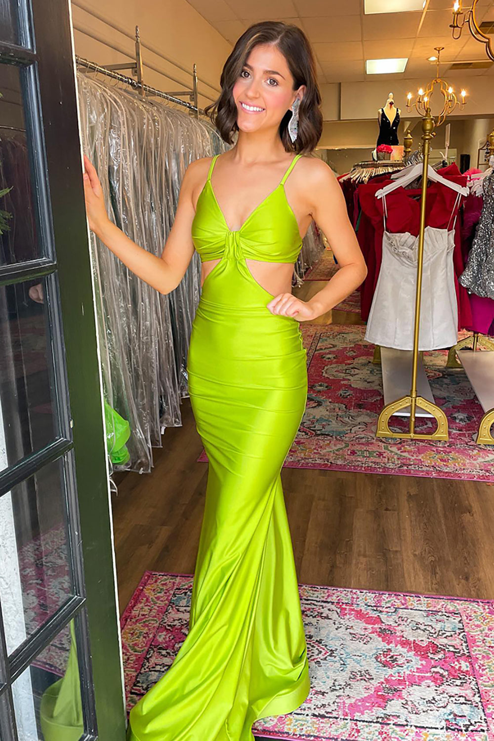 Stylish Red Mermaid Prom Gown with Satin Spaghetti Straps and Cut-out Detail