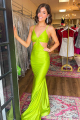 Mermaid-style Long Prom Dress in Satin with Lime Spaghetti Straps and Cut-Out Details