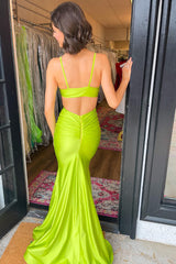 Mermaid-style Long Prom Dress in Satin with Lime Spaghetti Straps and Cut-Out Details