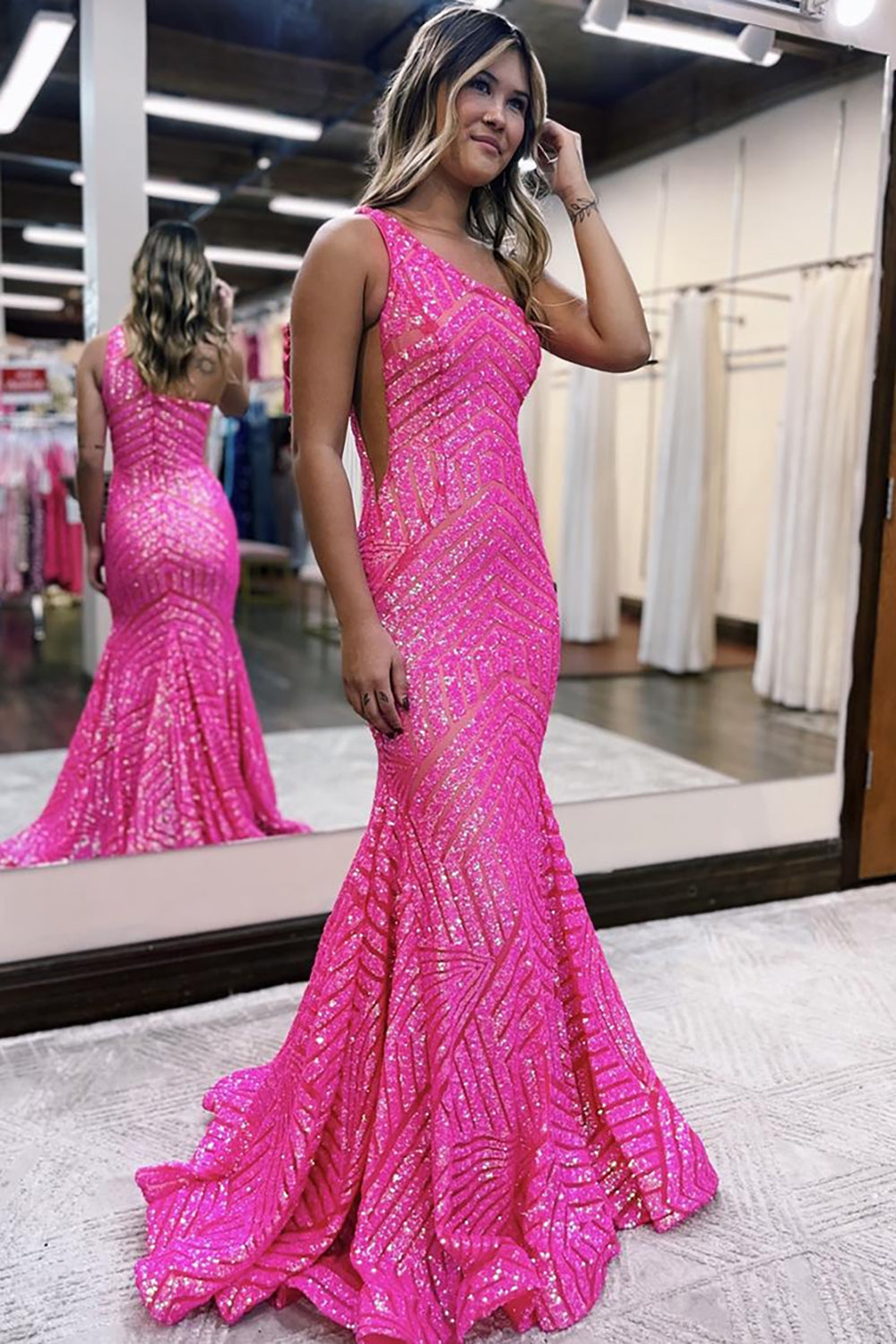 Fuchsia One-Shoulder Long Mermaid Prom Dress with Sparkly Sequins