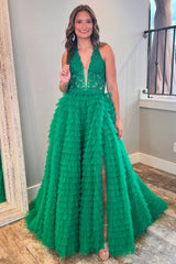 Long A-Line Corset Prom Dress in Dark Green with Halter Neck Tulle Tiered Design and Appliques