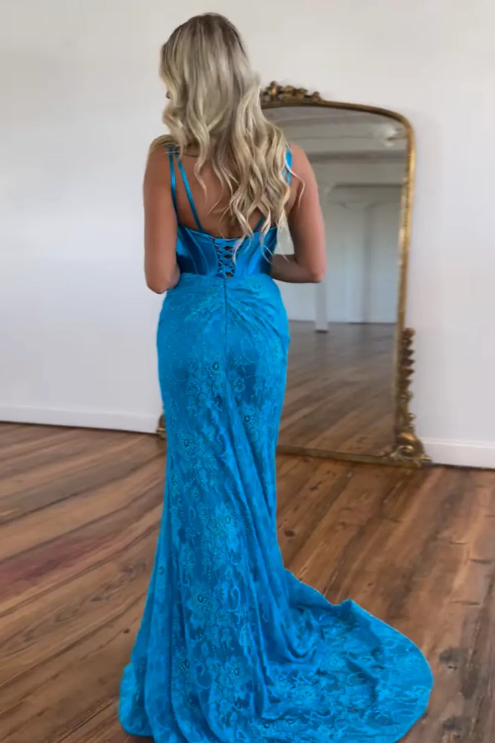 Long Mermaid Prom Dress with Fuchsia Lace and Spaghetti Straps Featuring a Slit