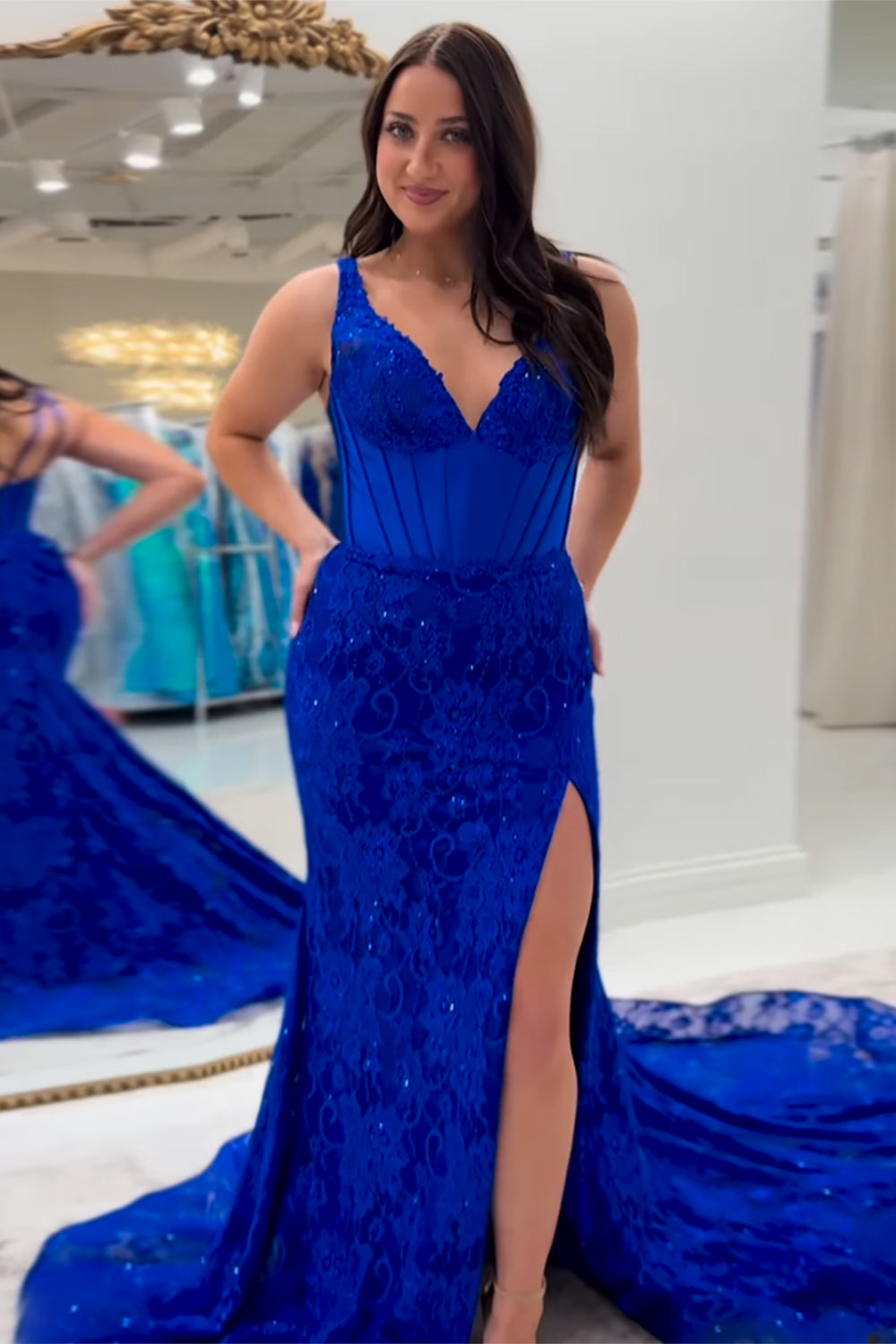 Long Mermaid Prom Dress with Fuchsia Lace and Spaghetti Straps Featuring a Slit