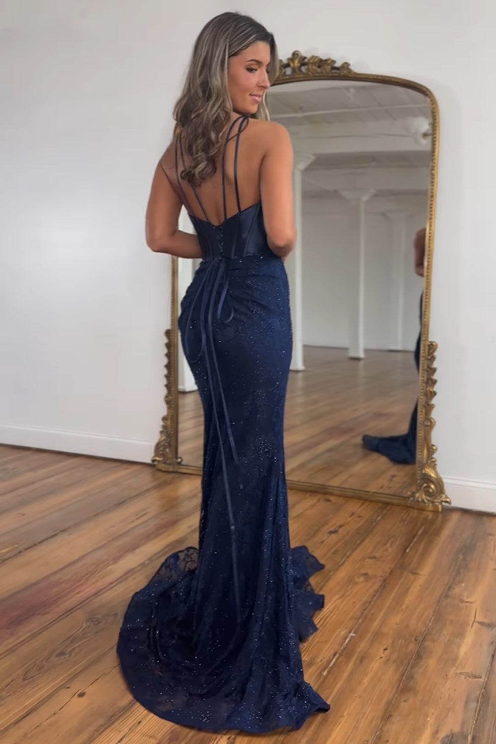 Long Navy Mermaid Corset Prom Dress with Spaghetti Straps and Lace Beading