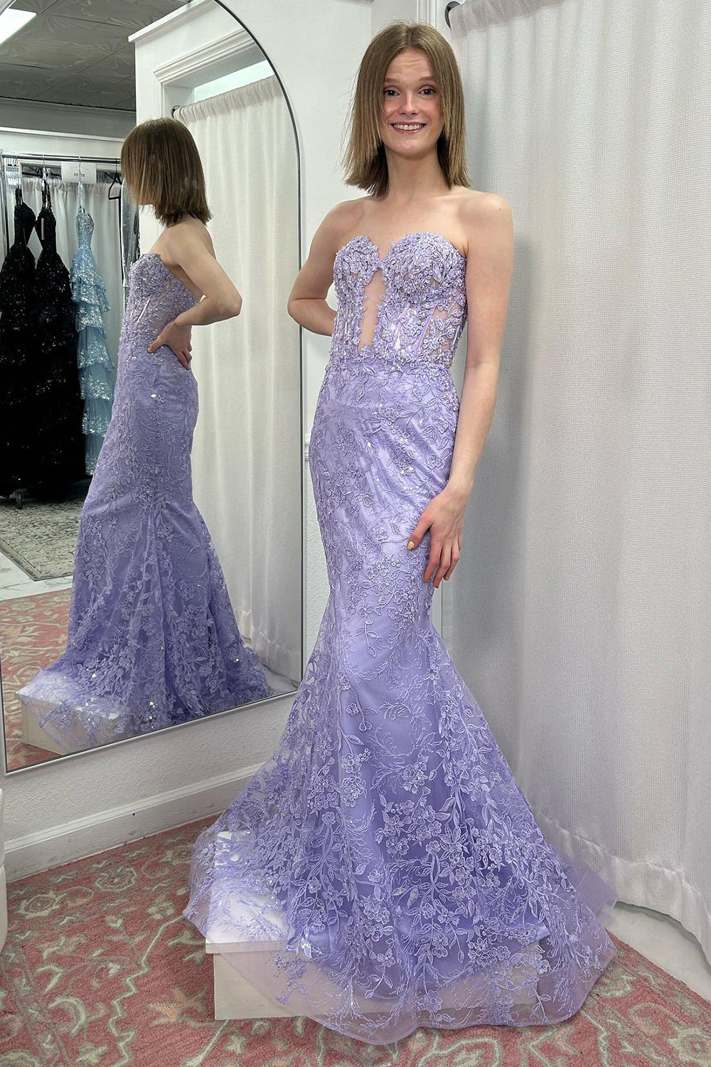 Long Corset Prom Dress with Appliques in Sweetheart Mermaid Style and Lilac