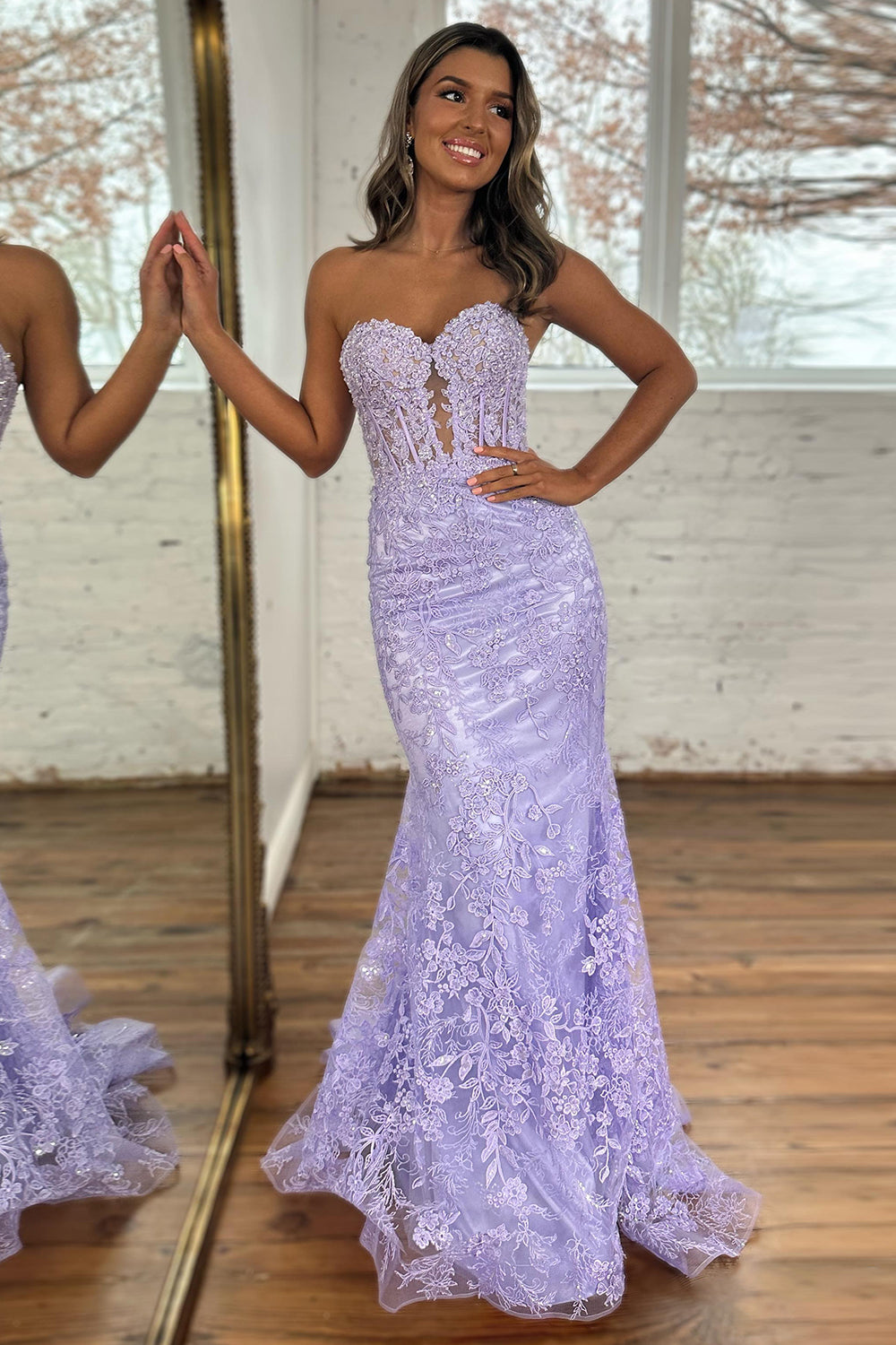 Sweetheart Mermaid Corset Prom Dress in Light Blue with Lace Appliques