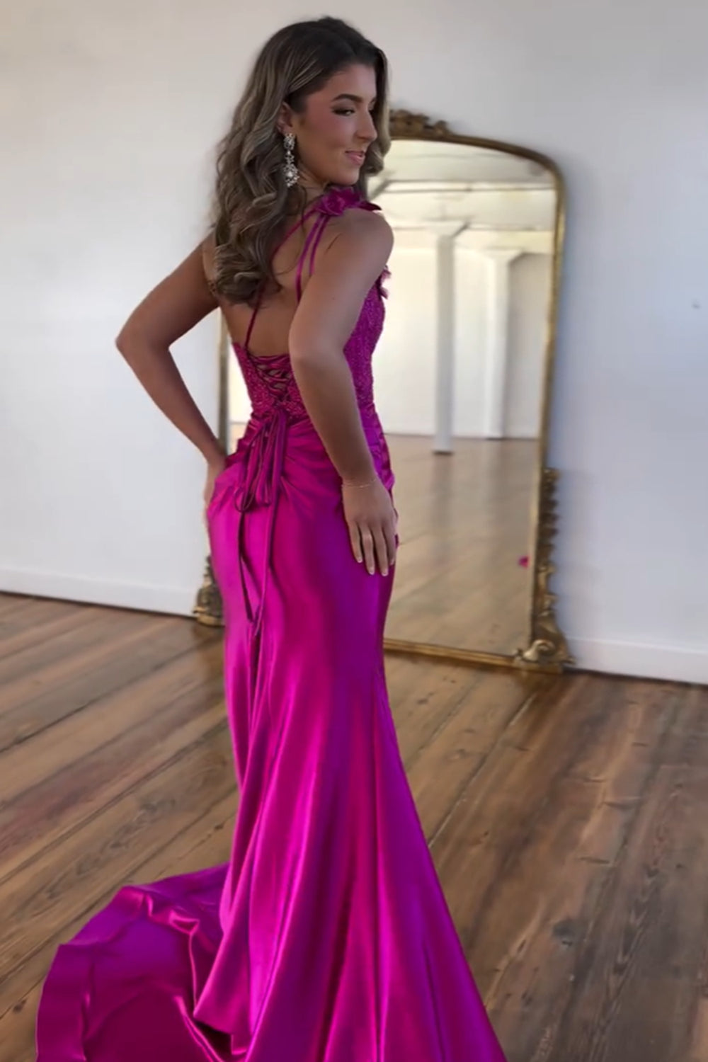 Long Corset Prom Dress in Fuchsia with One Shoulder Mermaid Cut and Ruched Appliques