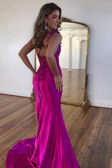 Long Corset Prom Dress in Fuchsia with One Shoulder Mermaid Cut and Ruched Appliques