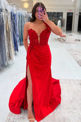 Long Red Corset Prom Dress with One Shoulder and Mermaid Applique
