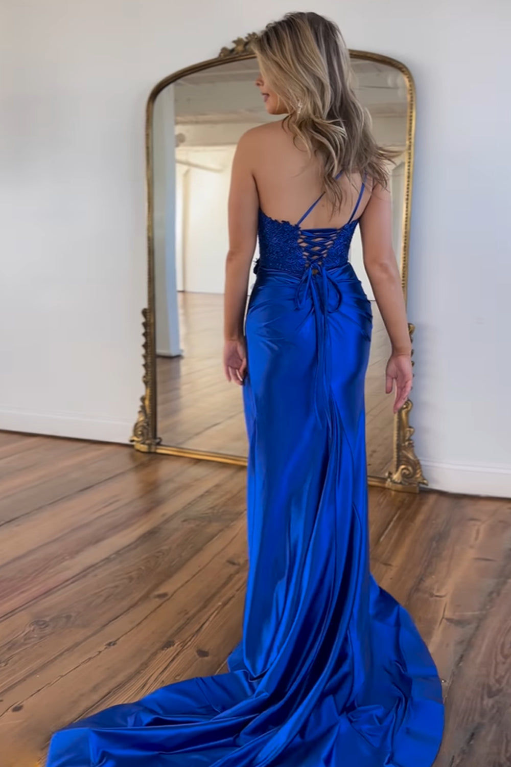Long Red Corset Prom Dress with One Shoulder and Mermaid Applique