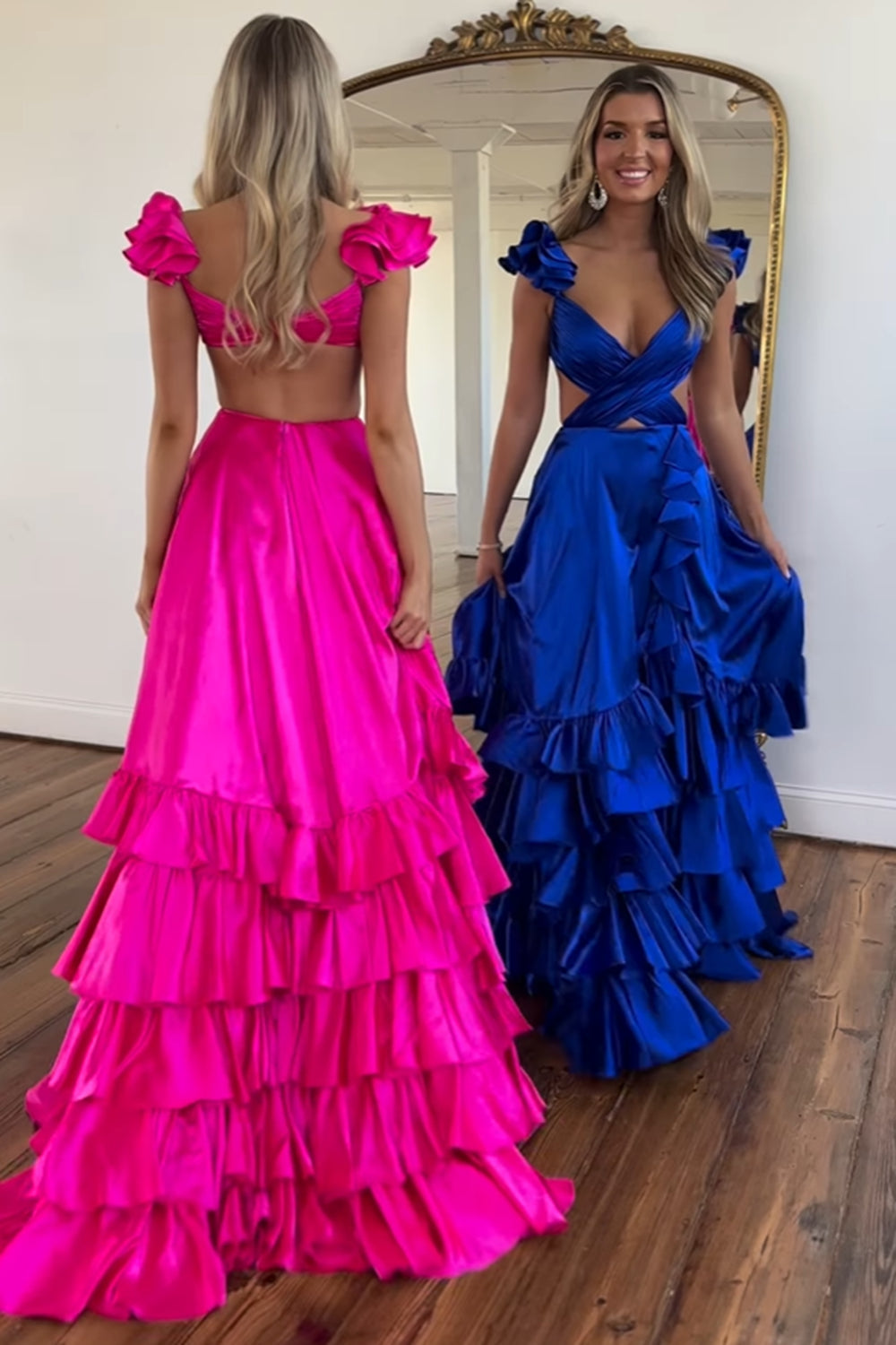 Long Red Prom Dress with V-Neck A-Line Cut Satin Fabric and Tiered Ruffles