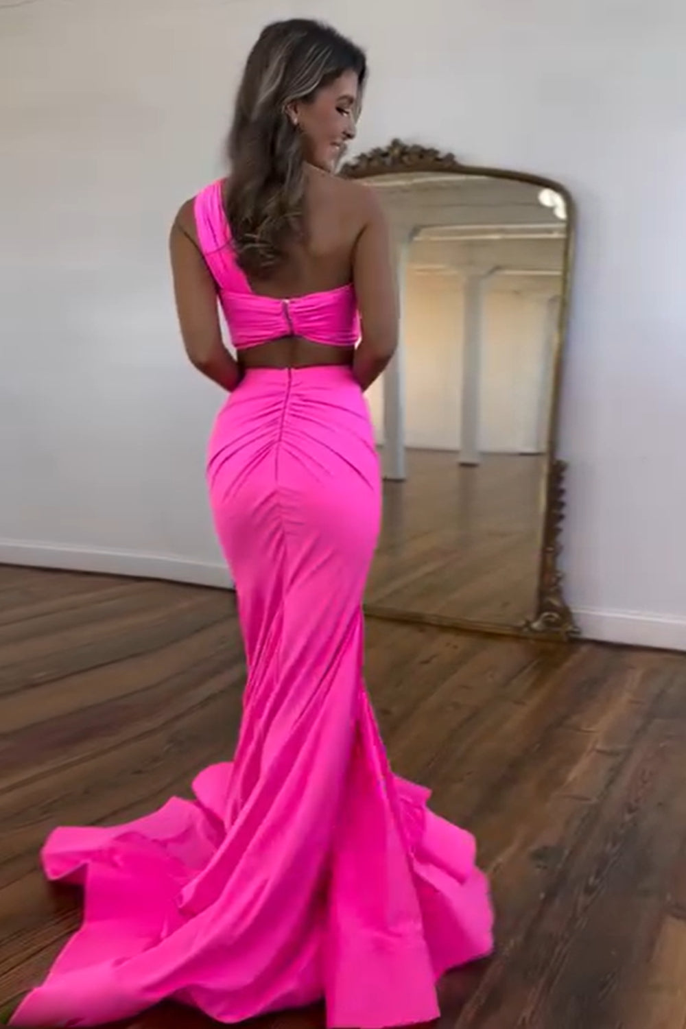 One-Shoulder Mermaid Prom Dress in Hot Pink with Ruched Two-Piece Design