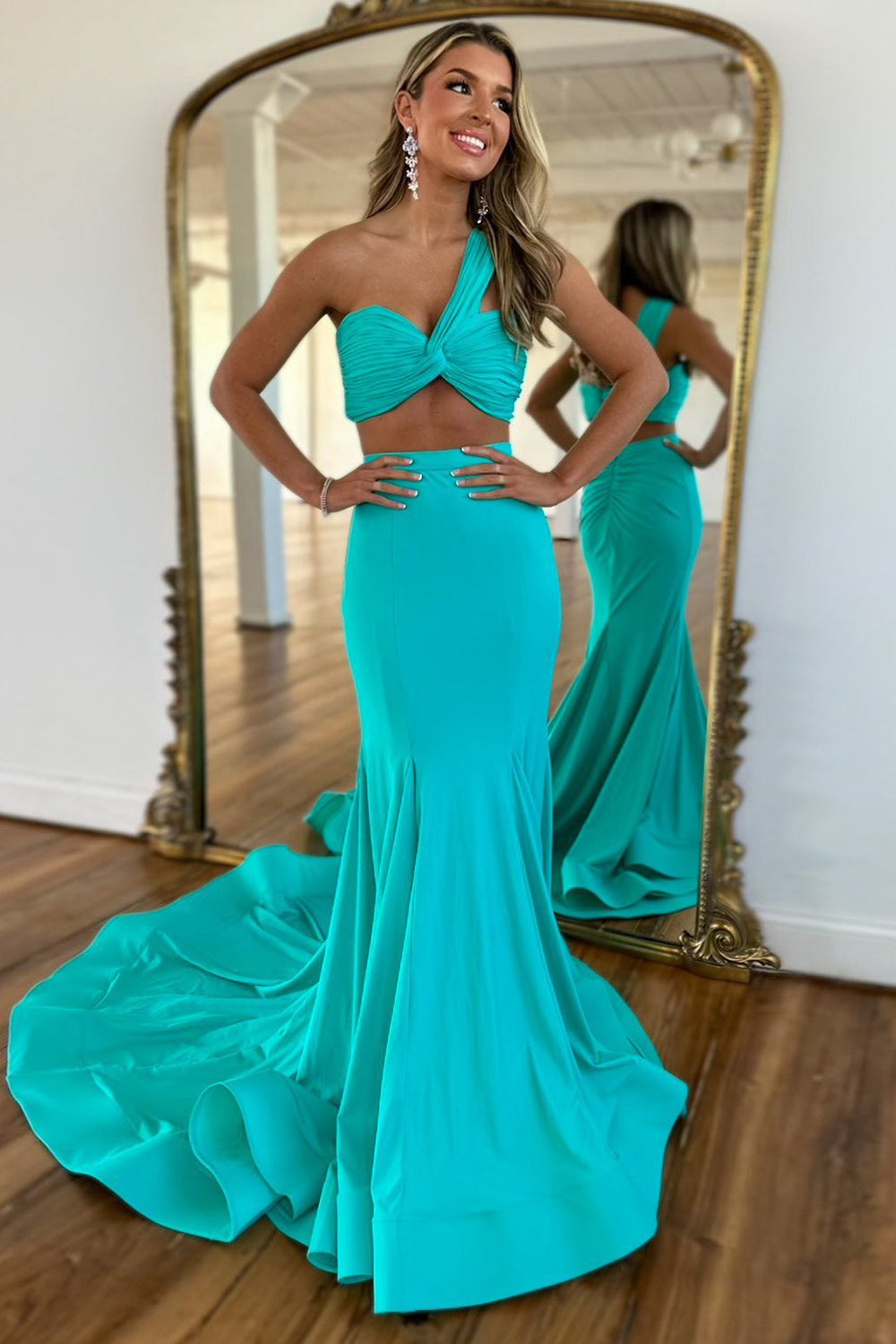 One-Shoulder Mermaid Prom Dress in Hot Pink with Ruched Two-Piece Design