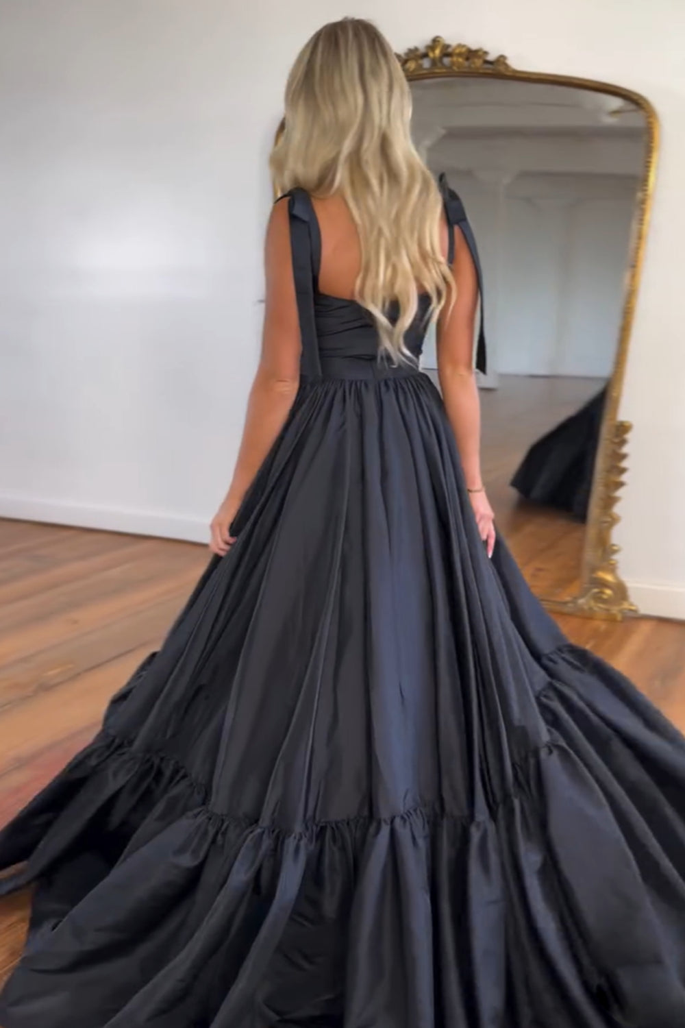Long Satin Prom Dress with Black Spaghetti Straps in A-Line Style