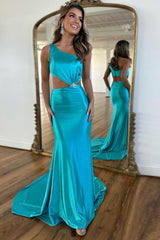 Long Turquoise Prom Dress in Satin with One Shoulder and Mermaid Cut-out