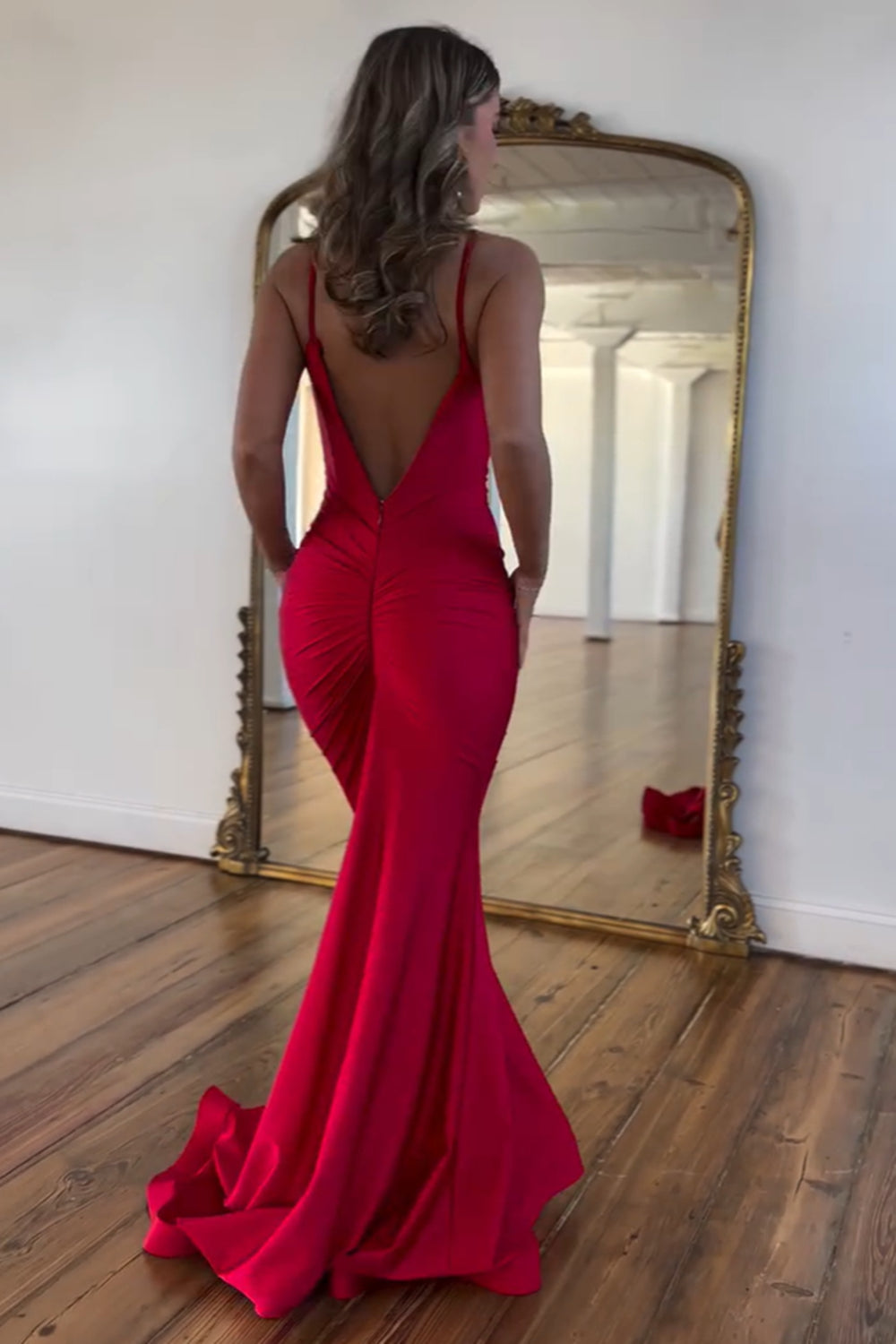 Long Satin Mermaid Prom Dress in Red with Spaghetti Straps and Open Back