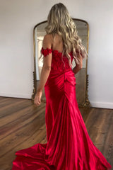 Long Red Satin Mermaid Corset Prom Dress with Appliques Off the Shoulder