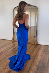 Long Satin Prom Dress in Fuchsia with V-Neck Corset Applique and Slit