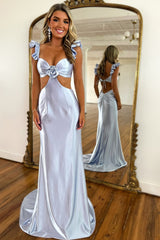 Long Hot Pink Prom Dress with 3D Flower and Trendy Mermaid Cut-out Design
