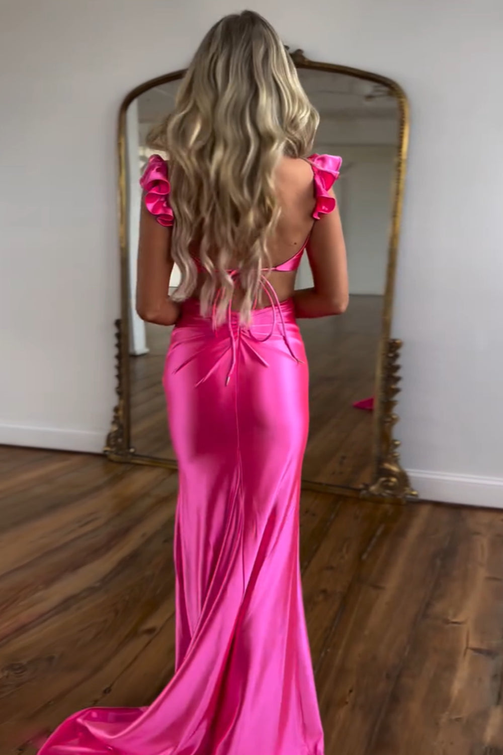 Long Hot Pink Prom Dress with 3D Flower and Trendy Mermaid Cut-out Design
