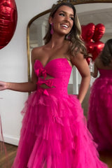 Long Fuchsia Sweetheart Prom Dress in Tiered A-Line Tulle with Slit