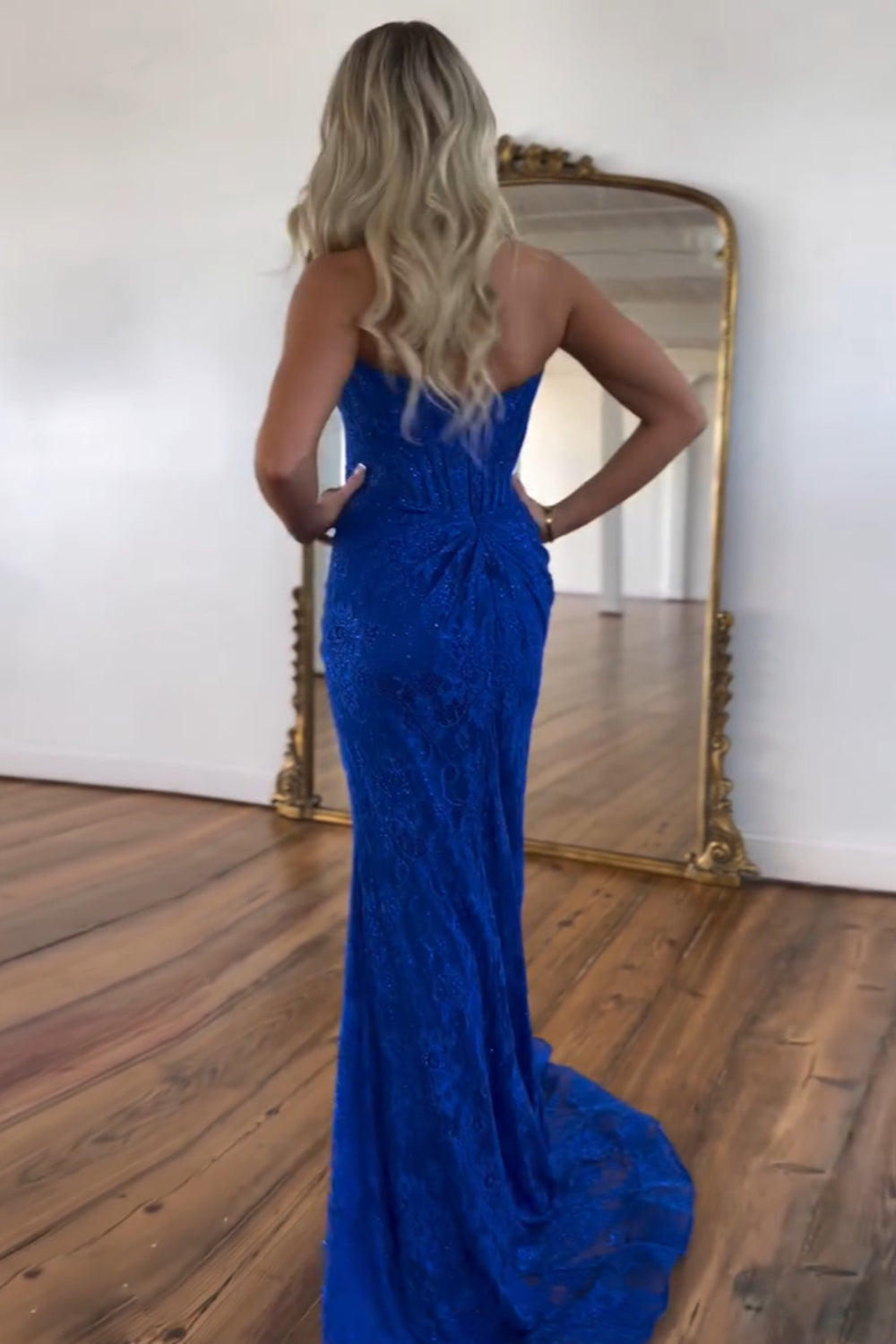 Long Black Mermaid Corset Prom Dress in Strapless Lace with Slit