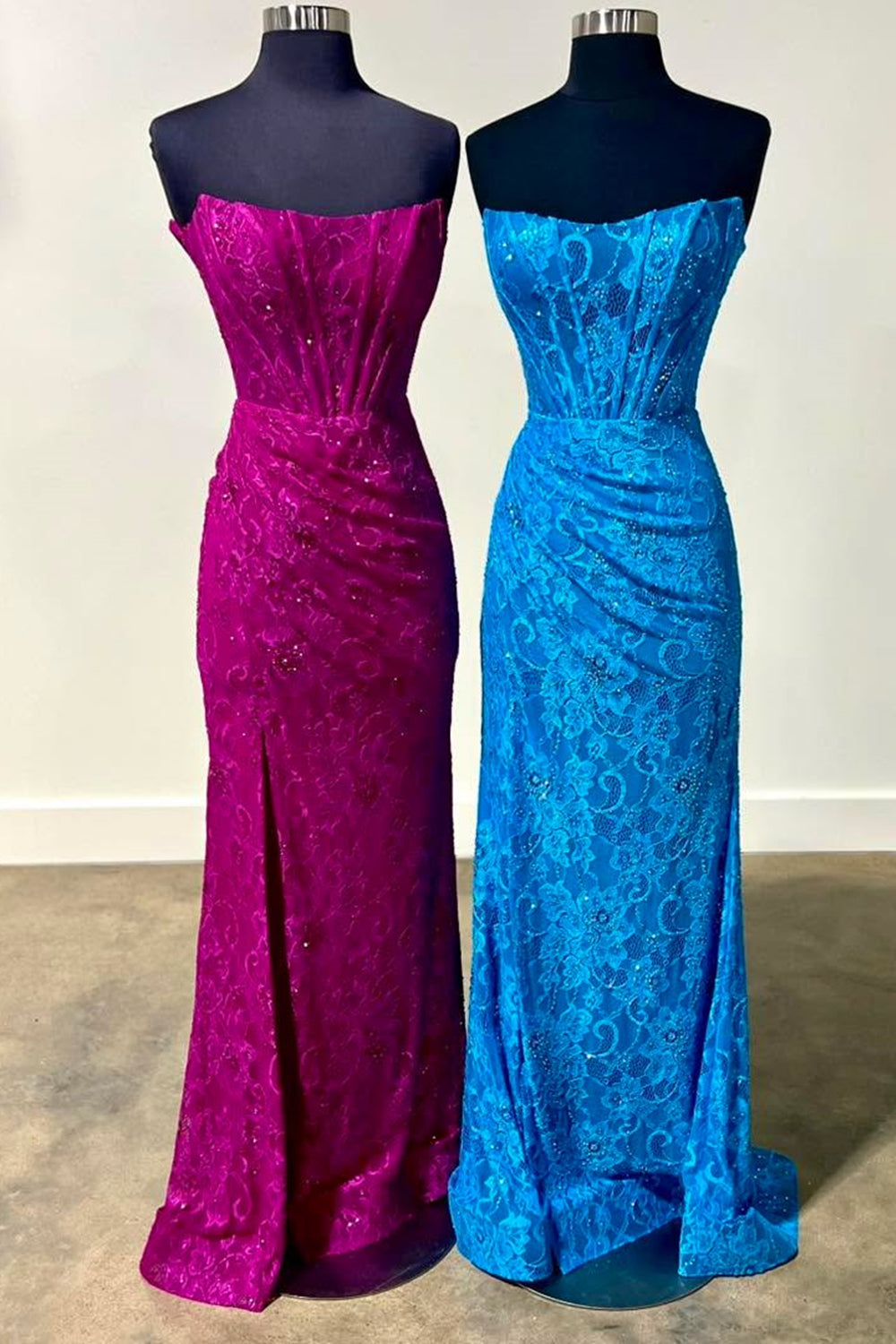 Long Strapless Mermaid Prom Dress in Hot Pink with Lace Corset and Slit