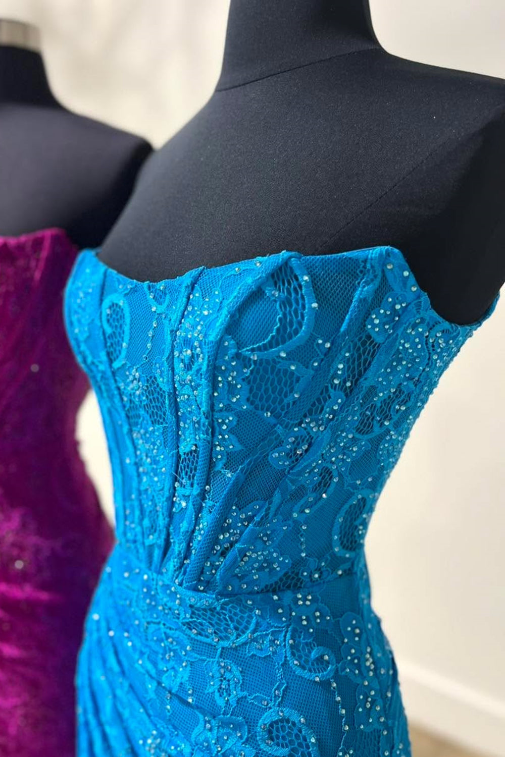 Long Strapless Mermaid Prom Dress in Hot Pink with Lace Corset and Slit