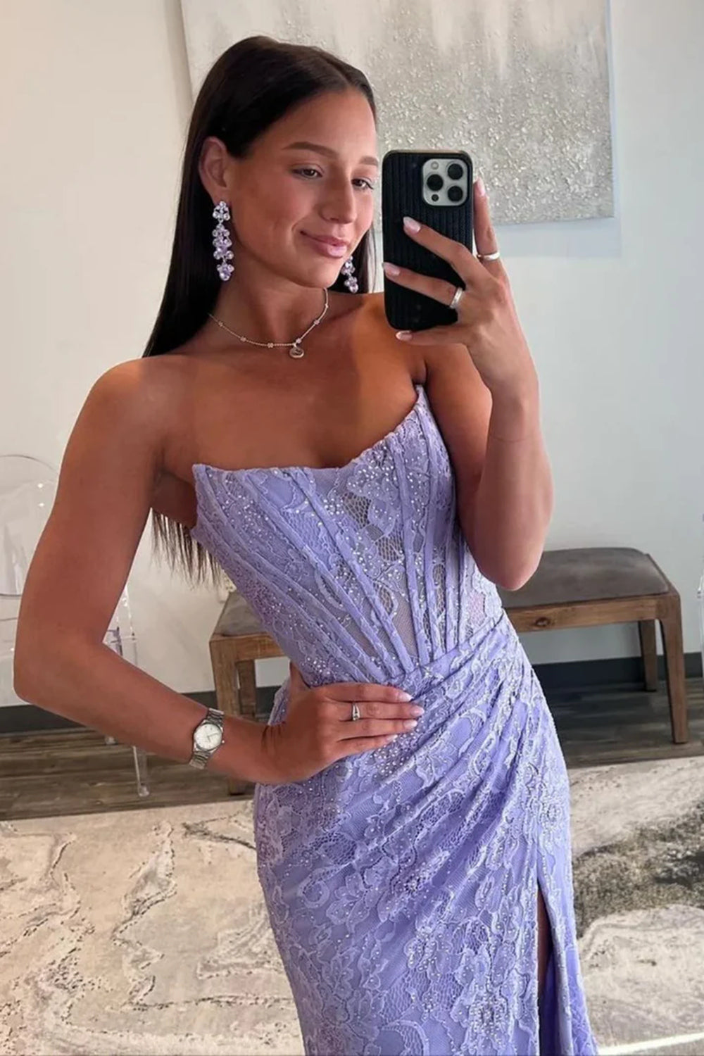 Long Black Mermaid Corset Prom Dress in Strapless Lace with Slit