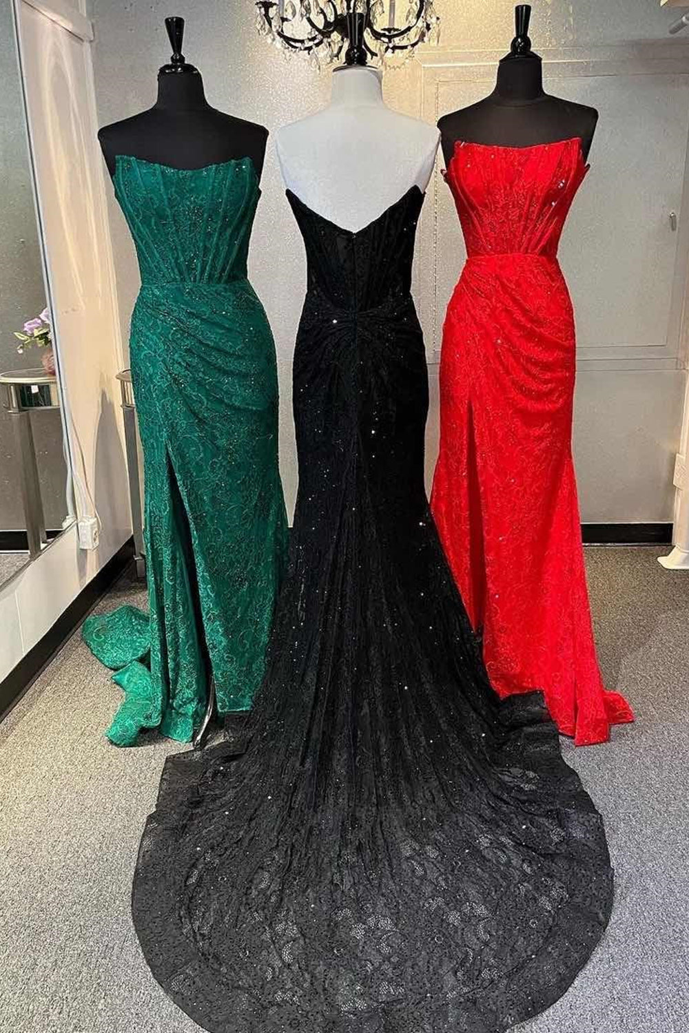 Long Strapless Mermaid Prom Dress in Hot Pink with Lace Corset and Slit