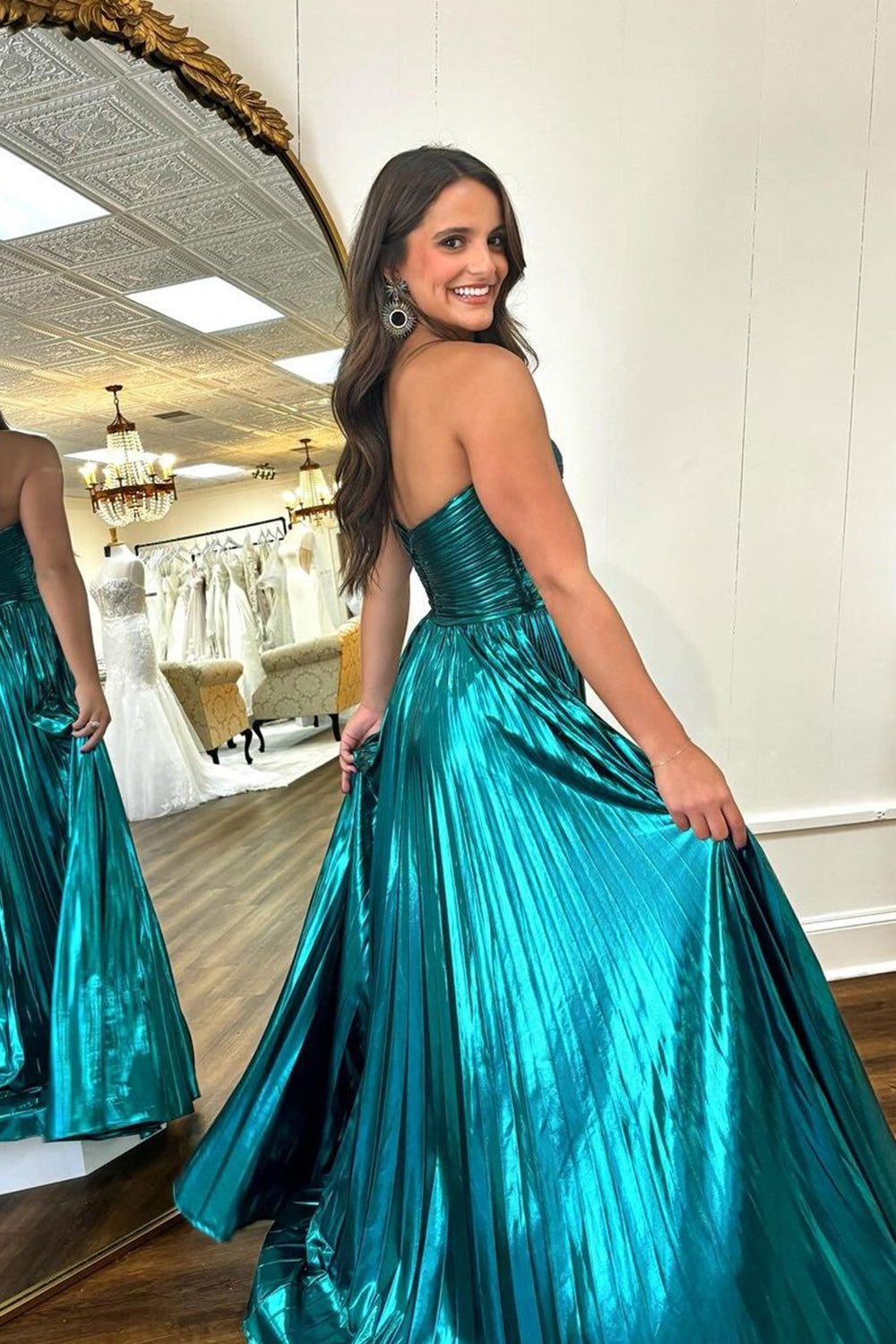 Sweetheart A-Line Prom Dress with Pleats and Slit in Purple Metallic
