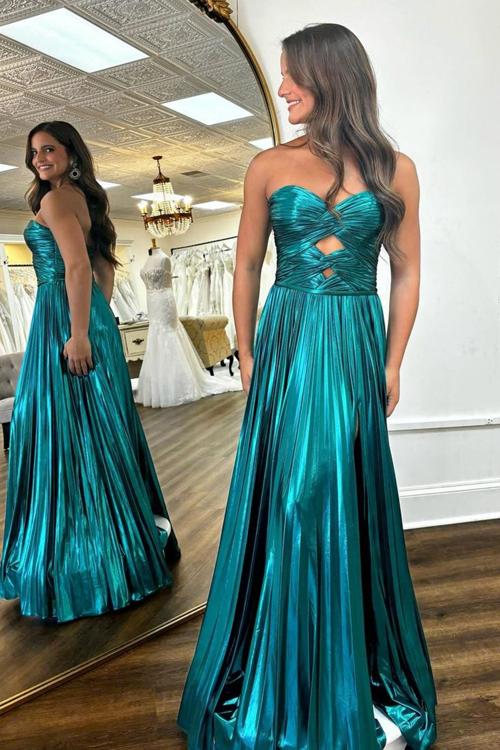 Sweetheart A-Line Prom Dress with Pleats and Slit in Purple Metallic