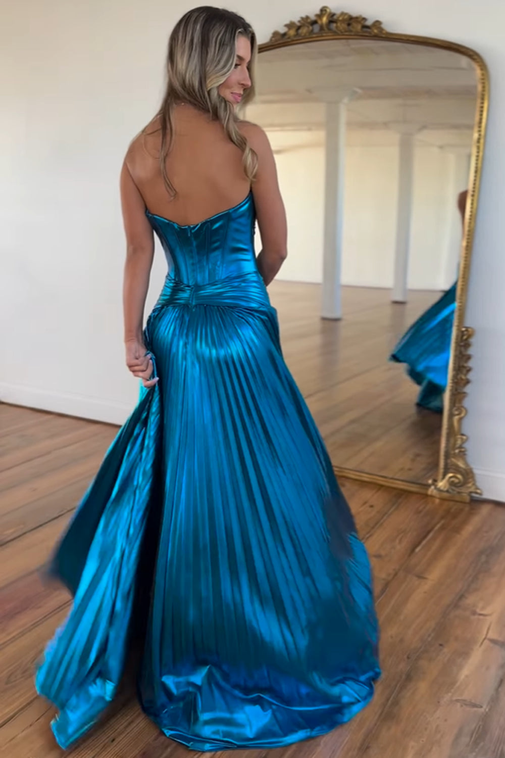 Metallic Golden Sweetheart Long A-Line Corset Prom Dress with Pleats and Slit
